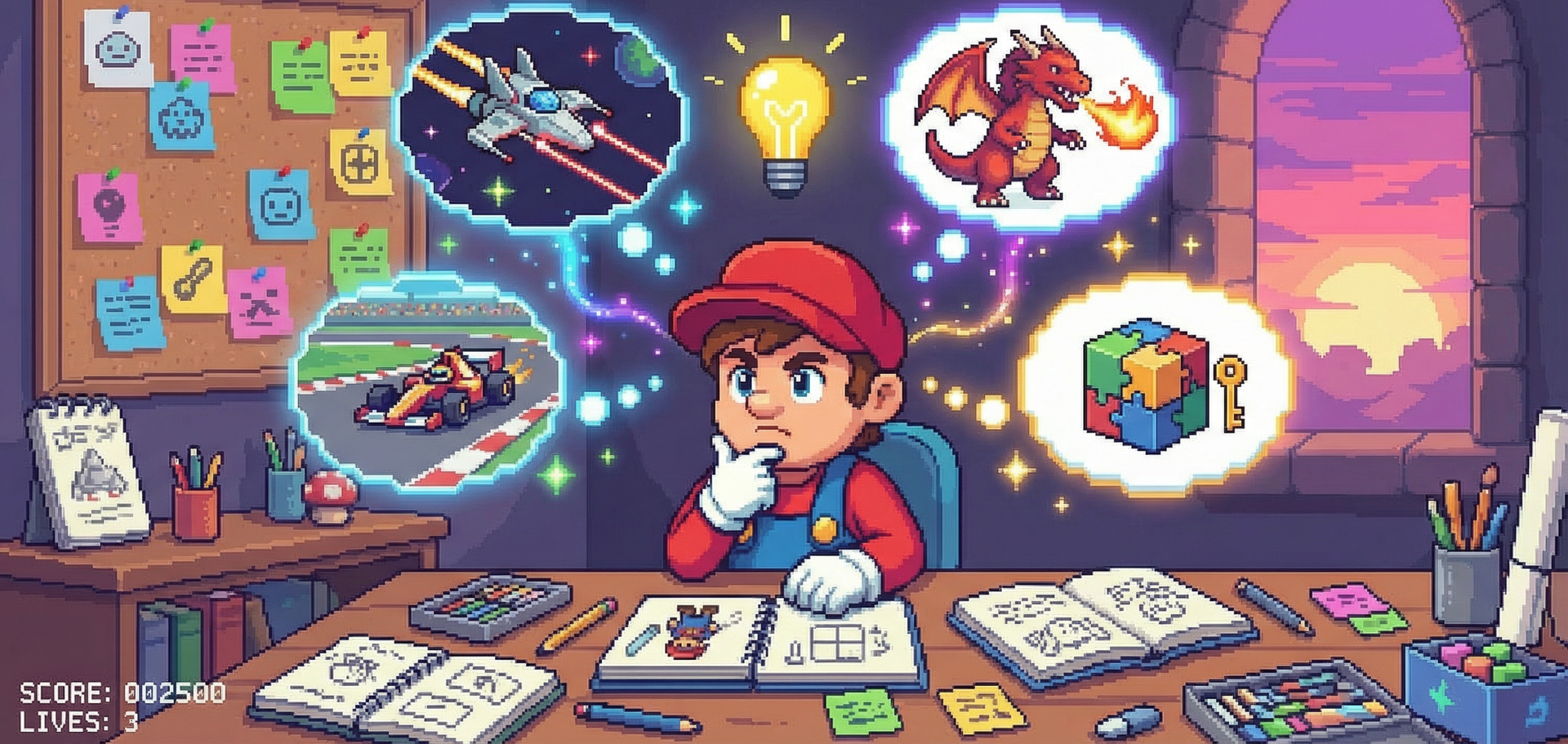Pixel art character brainstorming creative ideas at a desk